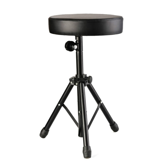Height-adjustable bar stool with round black padded seat and tripod base