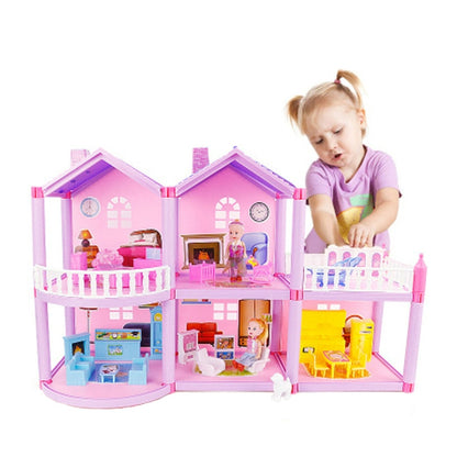 Miniature princess doll house with three floors, pink and purple rooms, balcony