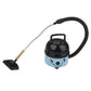 Blue mini vacuum accessory with black canister and cute face, flexible hose and floor brush