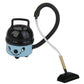 Blue mini vacuum toy with black canister, coiled hose, and flat rectangular brush head