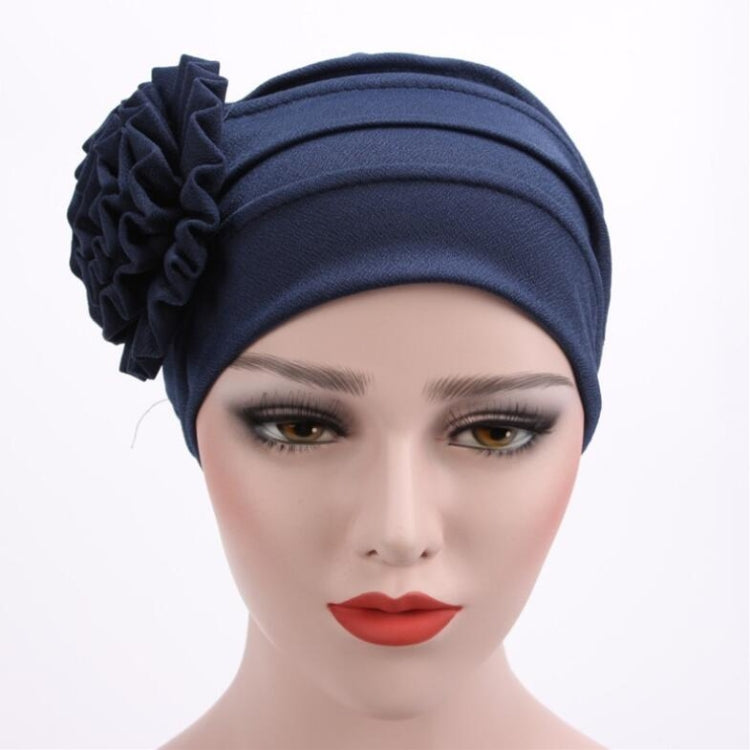 Women’s navy turban hat with side rosette flower detail, adjustable fit