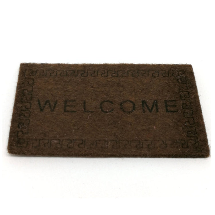 Brown dollhouse welcome floor mat with 'WELCOME' text and Greek-key border