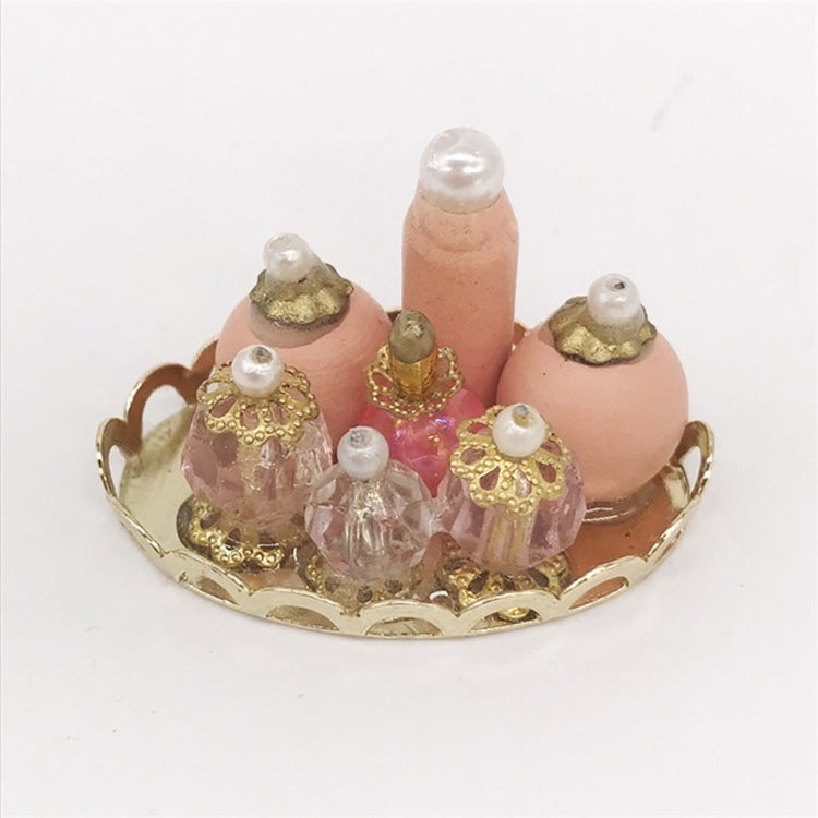 Mini doll house dressing table cosmetic set with pink bottles on gold tray