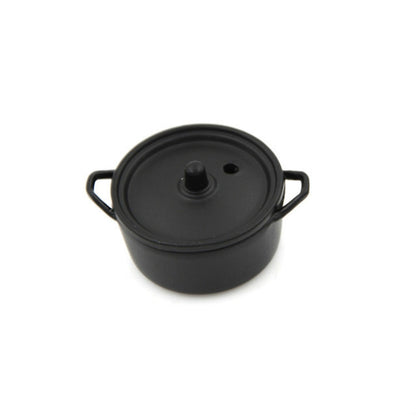 Miniature black alloy cooking pot with lid, side handles, and central lid knob