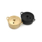 Miniature doll kitchen pots: one gold pot with lid and one black pot with lid