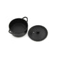 Miniature black alloy pot and matching black lid, with side handles and knob