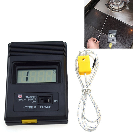 Black electronic thermometer with LCD display and K-type probe cable for high-temperature checks