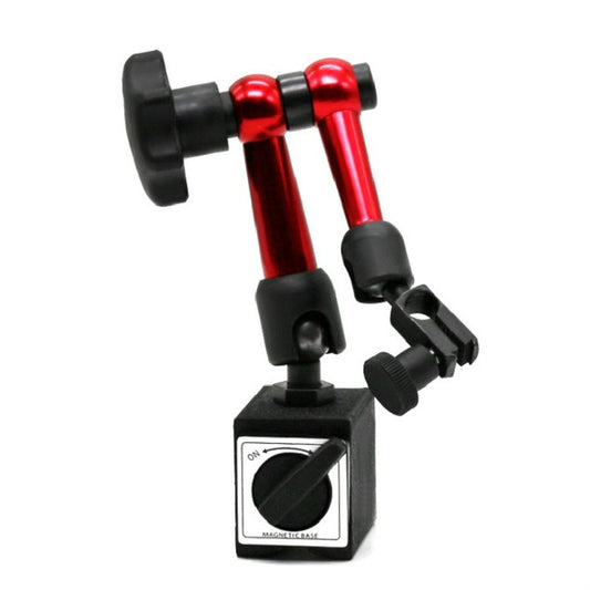 Magnetic dial indicator stand with red lever and black base, for bench measuring