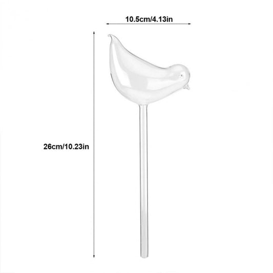Glass bird watering stake with long clear stem and bird spout on top