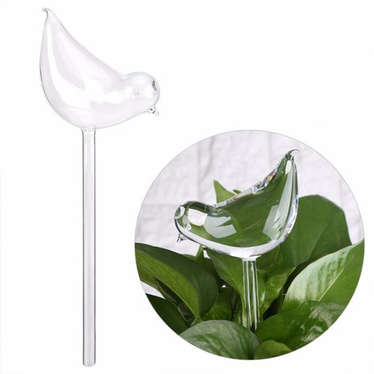 Glass bird-shaped watering stake with long clear tube and rounded spout