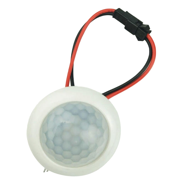 Round white infrared motion sensor module with red/black wires and connector