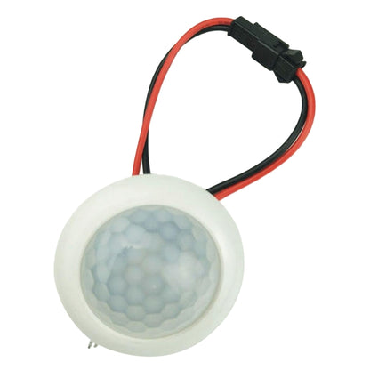 Round white infrared motion sensor module with red/black wires and connector