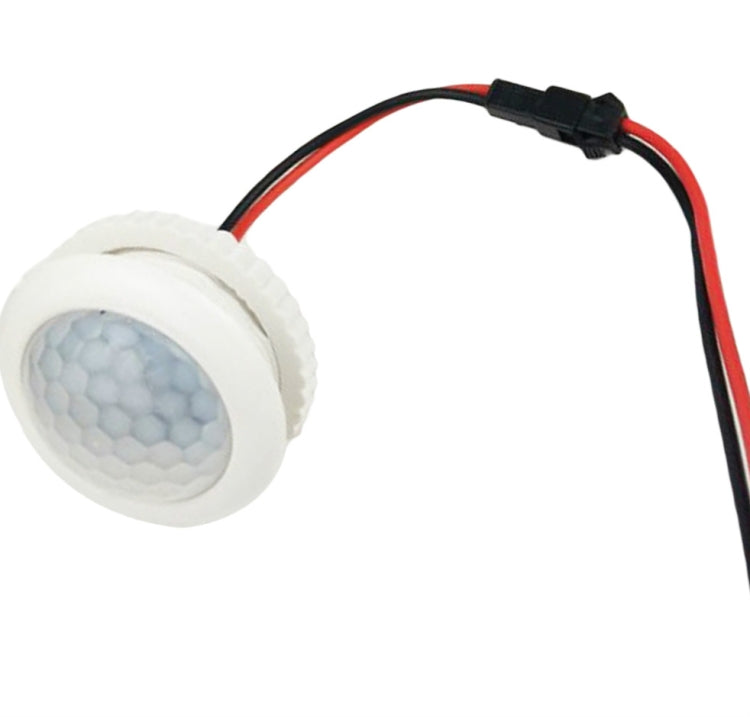 White round PIR motion sensor module with red/black cable and black plug