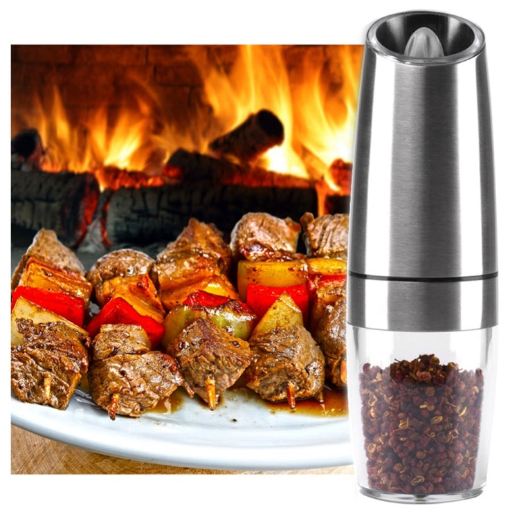 Stainless steel automatic electric pepper grinder with clear spice container and LED light