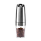 Stainless steel electric pepper grinder with clear spice chamber and LED light