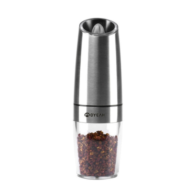 Stainless steel electric pepper grinder with clear spice chamber and LED light