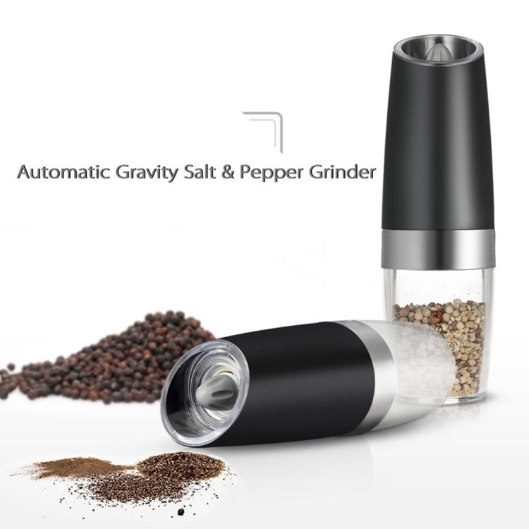 Black automatic gravity salt and pepper grinder with clear spice container