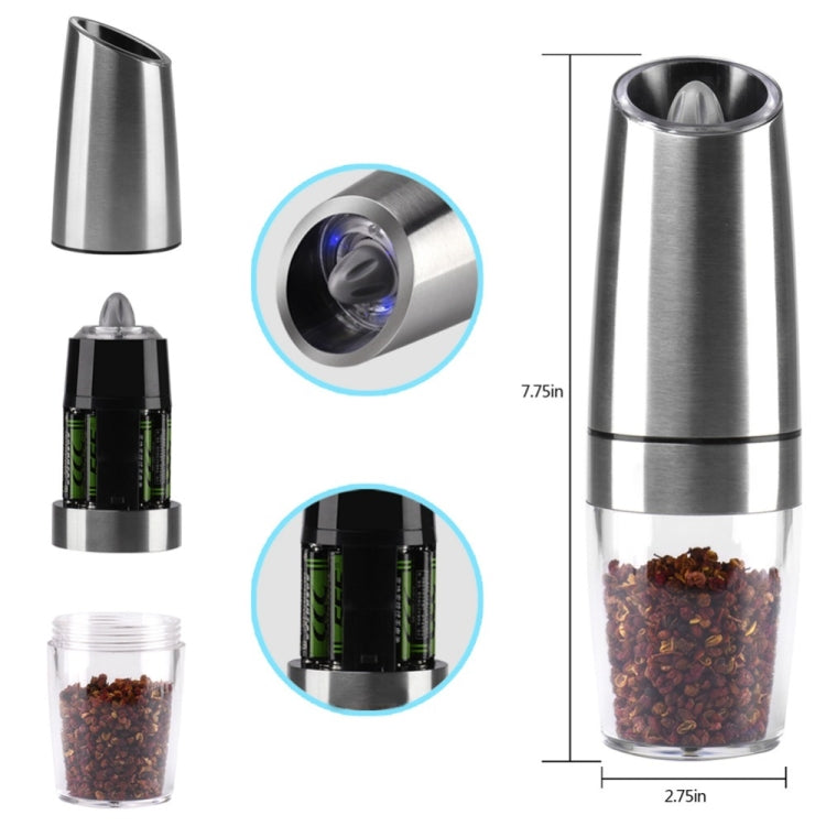 Stainless steel grinder with clear spice chamber and LED window in size diagram