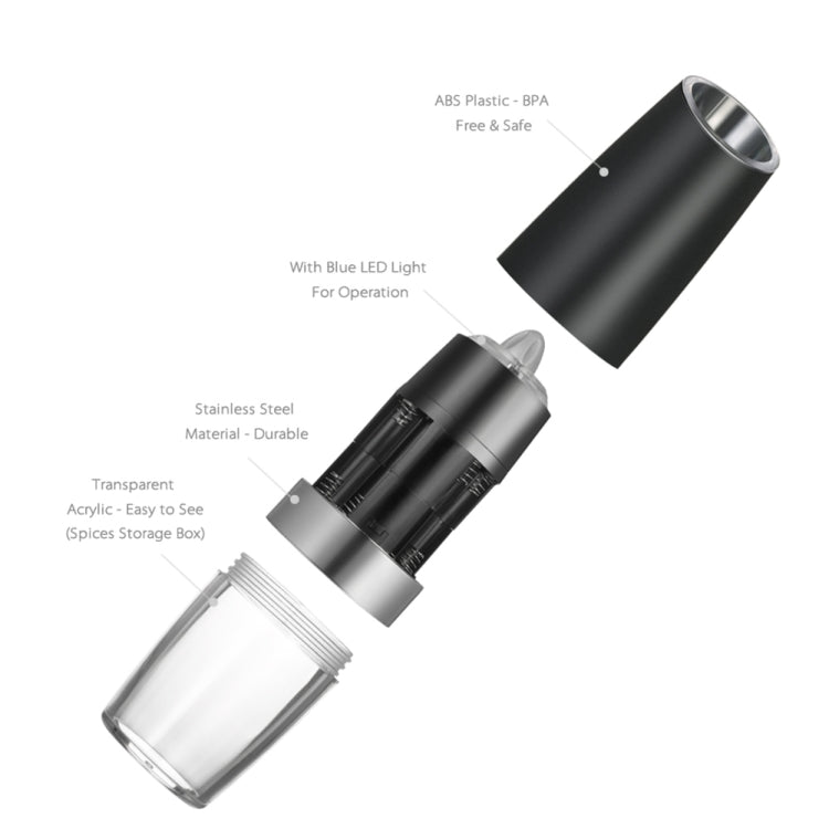Black grinder with clear acrylic spice container and removable storage parts