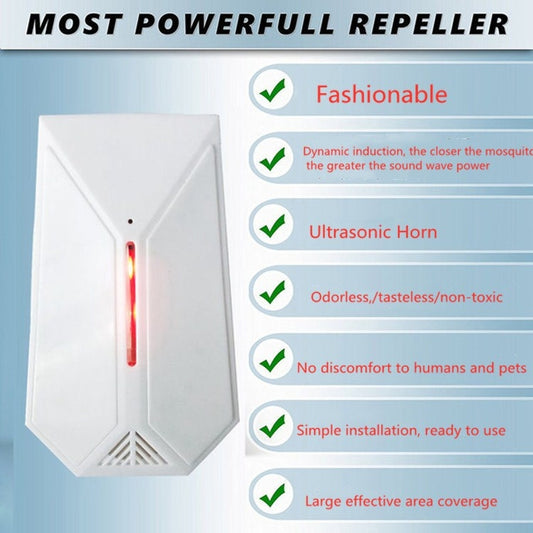 White plug-in mosquito repellent device with red ultrasonic indicator bar and vent slots