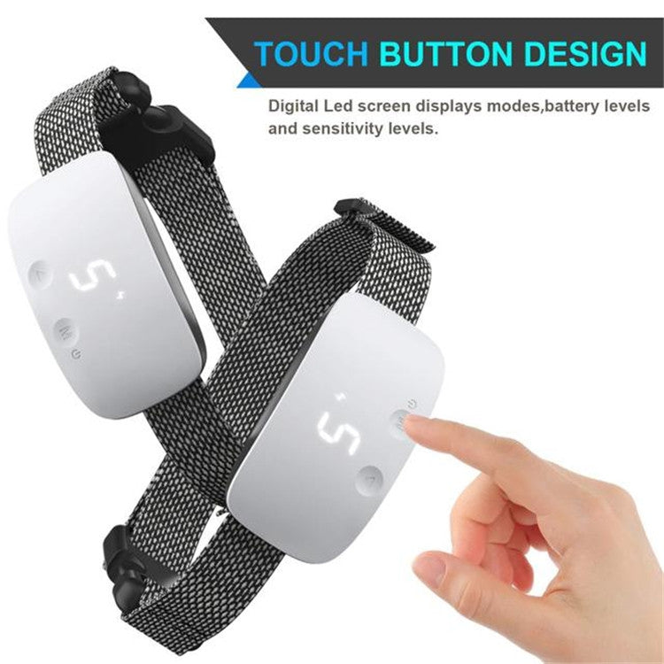 Dog bark stop training device with touch-button panel and handheld finger pressing it