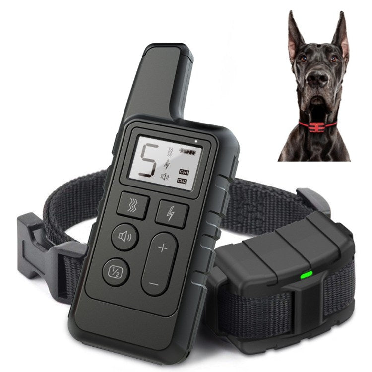Black waterproof dog training remote receiver with LCD screen and buttons, attached collar
