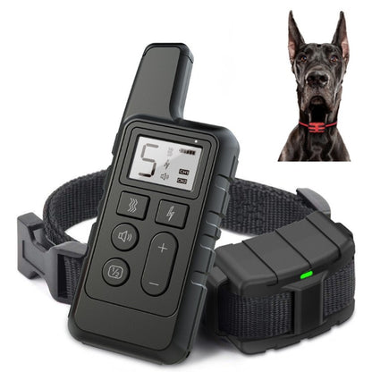 Black waterproof dog training remote receiver with LCD screen and buttons, attached collar