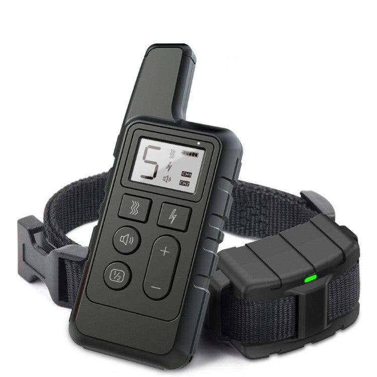 Black waterproof dog training remote receiver with LCD screen and buttons, on woven collar