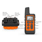 Black dog training collar receiver with remote control and orange indicator base