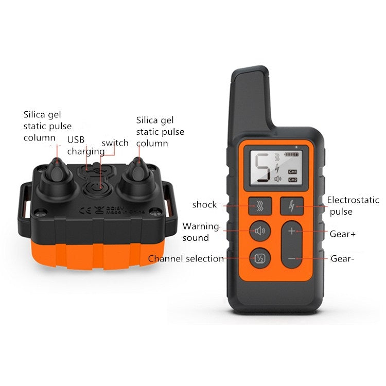 Black dog training collar receiver with remote control and orange indicator base