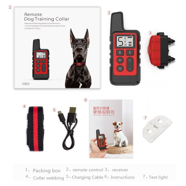 Dog training collar kit: remote, receiver collar, charging cable, and test light