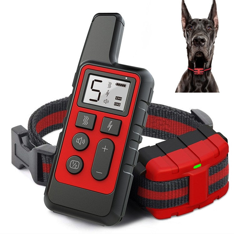 Red waterproof dog training remote receiver with LCD screen and buttons on red collar