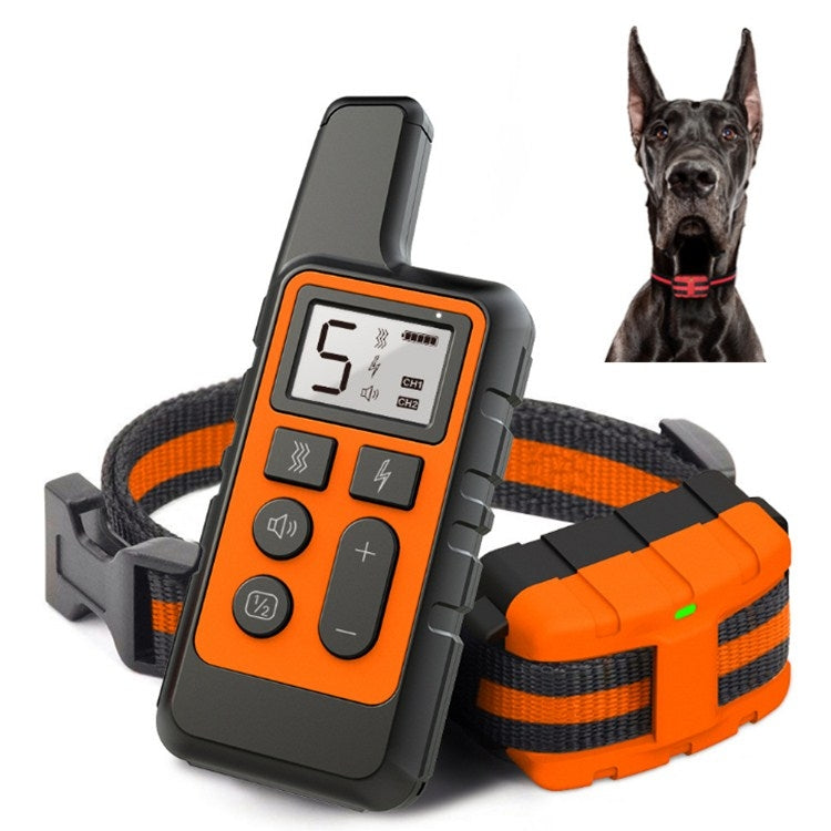 Orange waterproof dog training remote receiver with LCD screen and buttons on orange collar