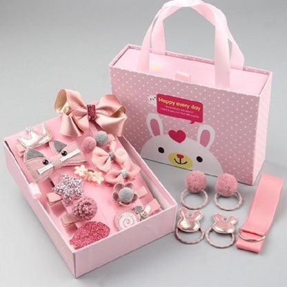 Girls hair accessories set in pink box with bows, pom-pom bands, and hair ties