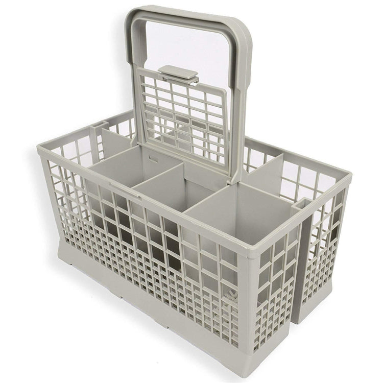 Gray dishwasher cutlery basket storage box with raised utensil divider and open frame