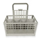 Gray cutlery basket with handle frame and grid side walls plus inner divider trays