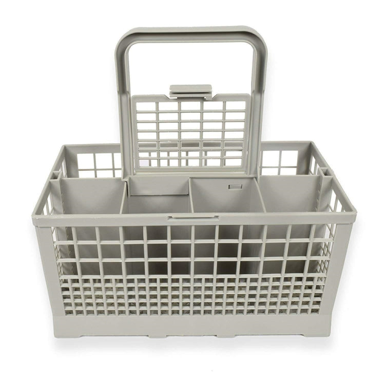 Gray cutlery basket with handle frame and grid side walls plus inner divider trays