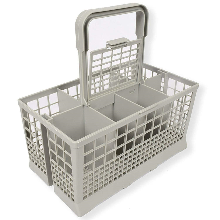 Gray dishwasher utensil storage box with tall back support, handle, and partitioned center