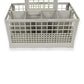 Gray cutlery basket front view with grid panels, inner compartments, and raised back frame