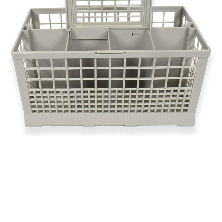 Gray cutlery basket front view with grid panels, inner compartments, and raised back frame