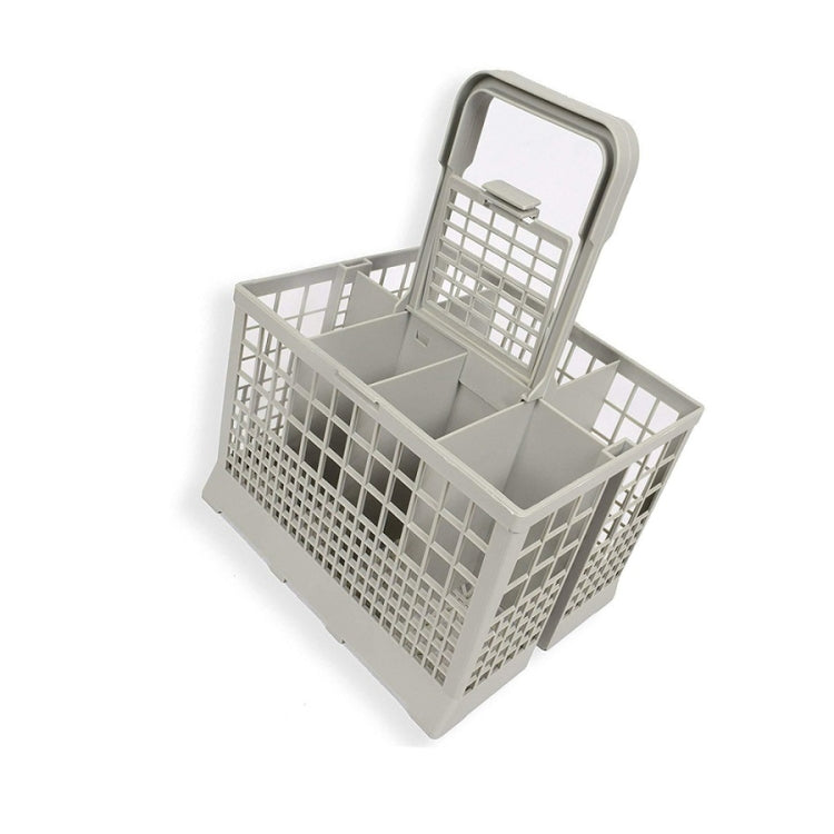 Gray dishwasher cutlery basket with hinged handle frame and multi-section utensil compartments