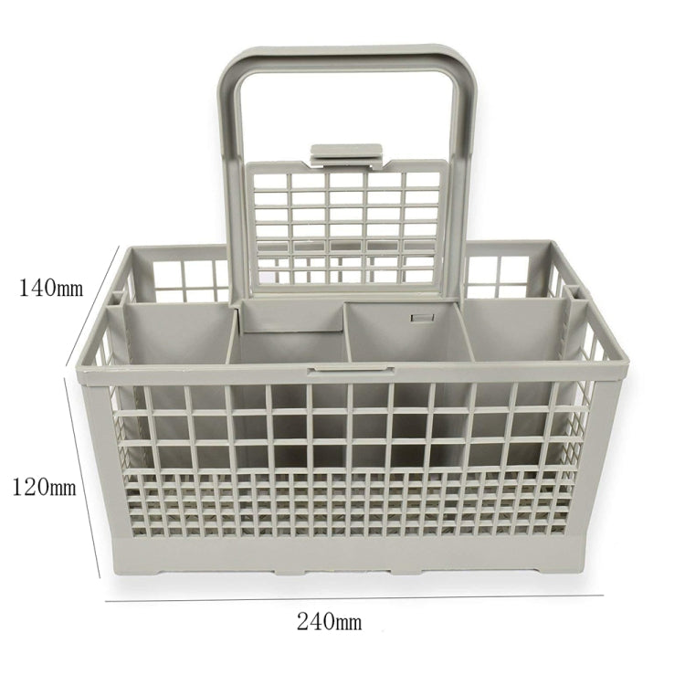 Gray dishwasher cutlery basket showing 240mm width and 120mm height with side grid panels