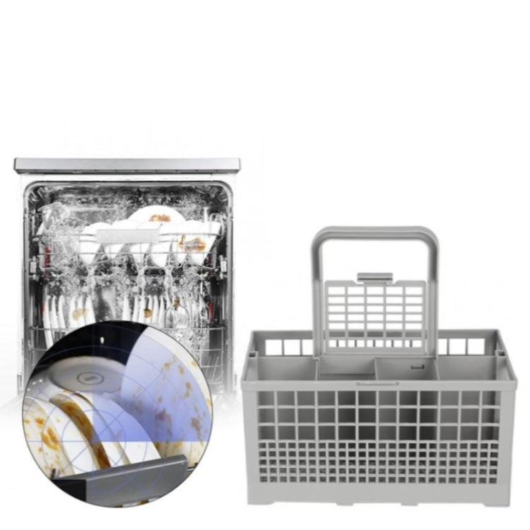 Gray dishwasher cutlery basket shown installed inside a dishwasher rack