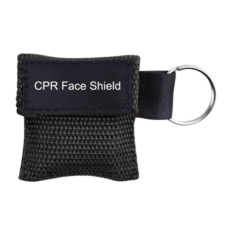 Black woven CPR face shield key ring pouch with black strap and metal ring