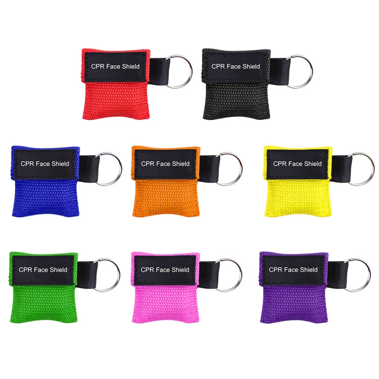 Assorted colored CPR face shield key ring pouches with black straps and metal rings