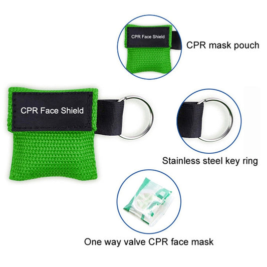Green CPR face shield mask pouch with black strap and metal key ring