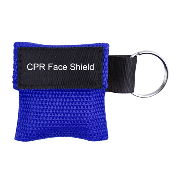 Blue woven CPR face shield key ring pouch with black strap and metal ring