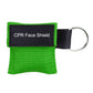 Green woven CPR face shield key ring pouch with black strap and metal ring