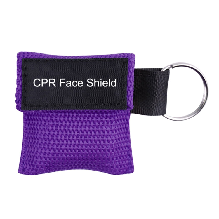 Purple CPR face shield key ring mask with black strap and round metal ring