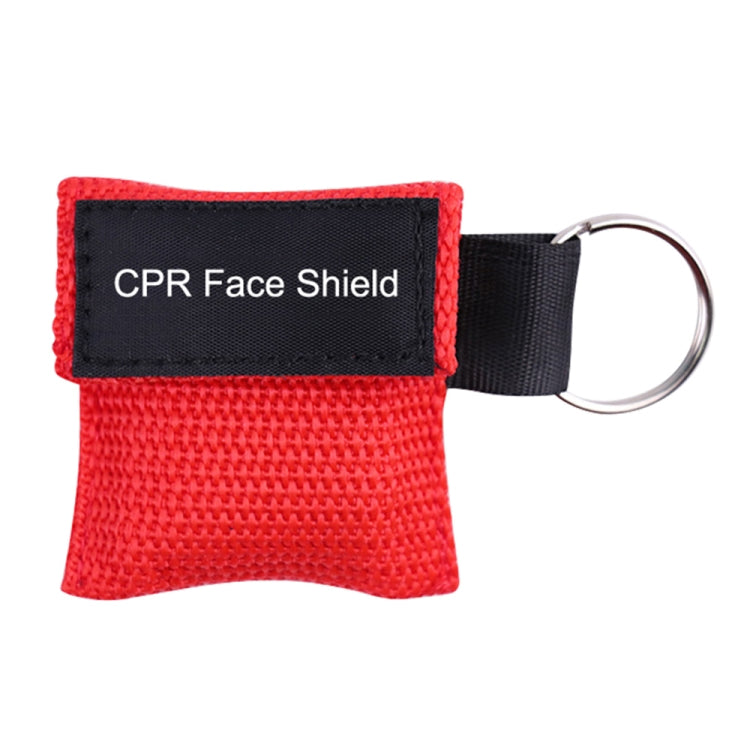 Red CPR face shield key ring mask with black strap and round metal ring